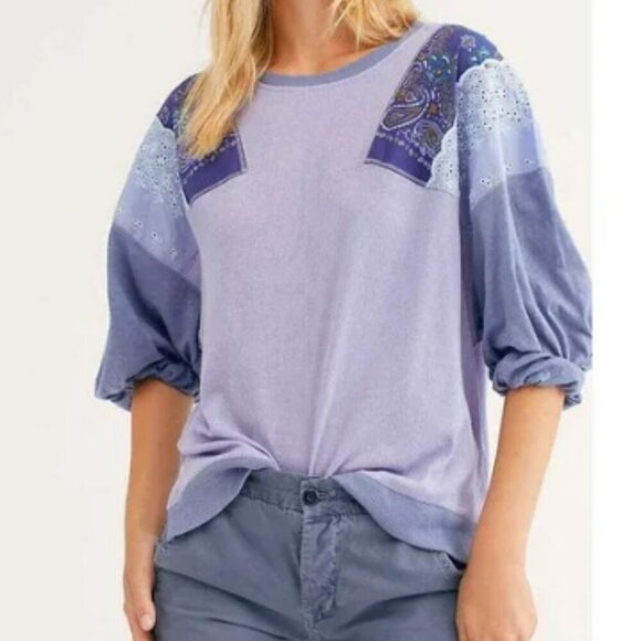 Free People Tops - Free People We The Free Feelin It Boho Oversized Blue Patchwork T Shirt